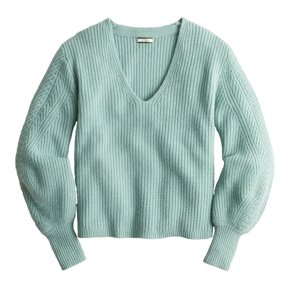NWT J.Crew Cashmere Balloon-sleeve V-neck Sweater in Dusty Mint XL $228